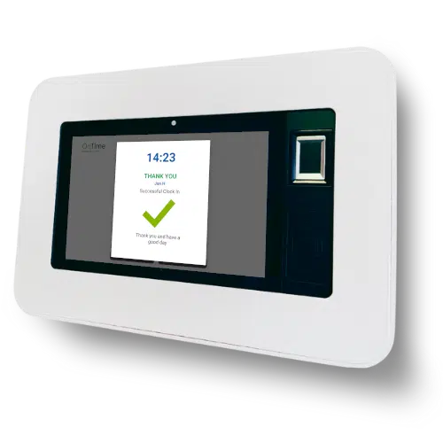 A ClockedIn OnTime biometric terminal on the wall, showing a successful clock-in
