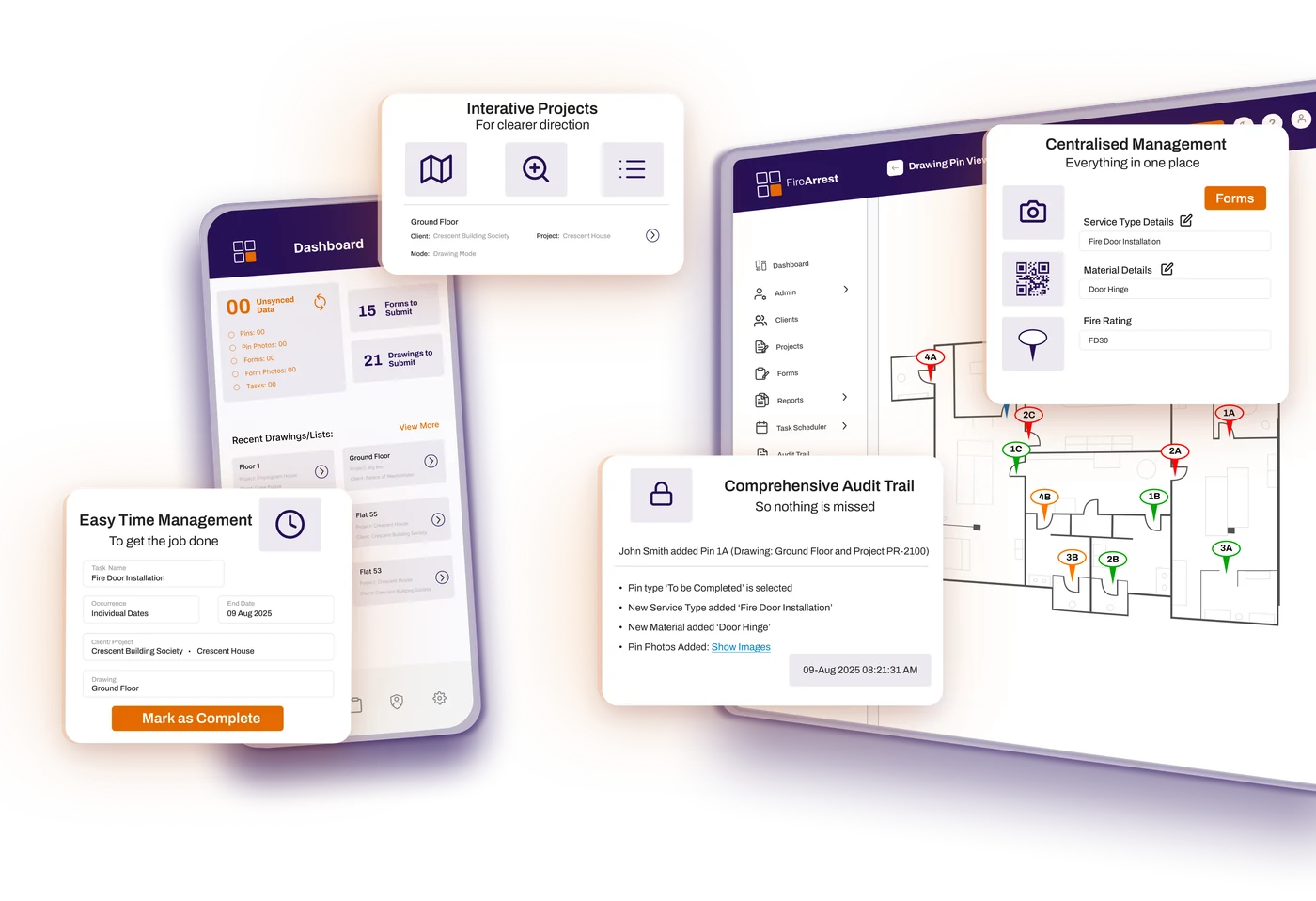 FireArrest on phone and tablet: dashboard, drawing pins, forms and audit trail
