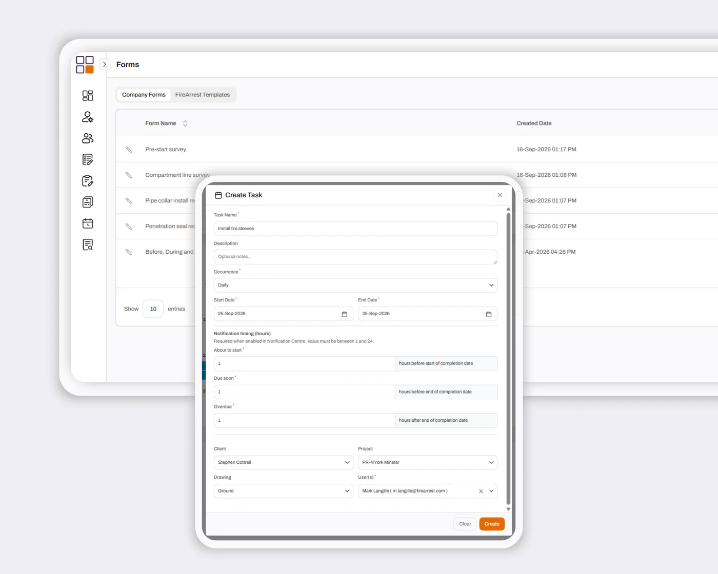 FireArrest on screen: company forms and a scheduled fire-stopping task